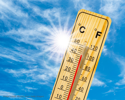 Image of a thermometer in front of a blue sky